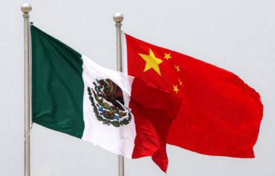 The Mexican and Chinese flags seen together