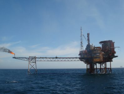 A platform sits in the North Sea